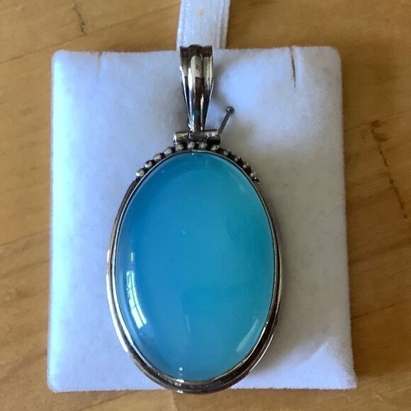 Sterling SILVER 925 BLUE CHALCEDON LARGE OVAL PENDANT​​ - Picture 2 of 9